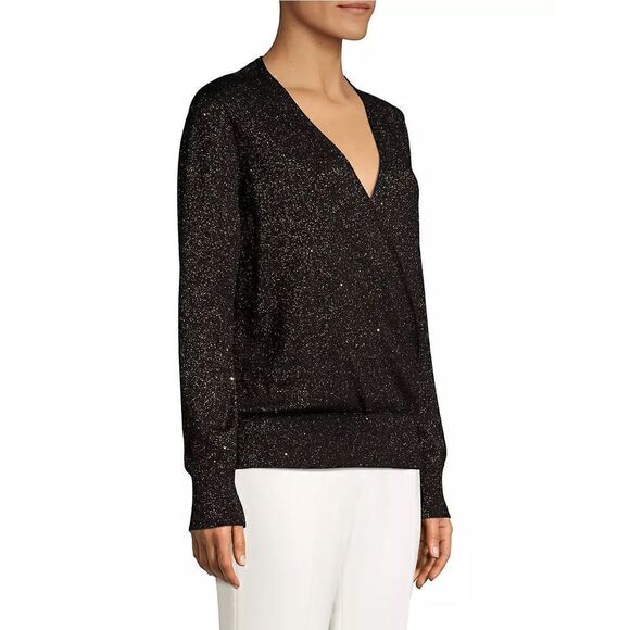 Lafayette 148 New York Sequin Metallic V-Neck Sweater Black Small Silk blend - Picture 2 of 10